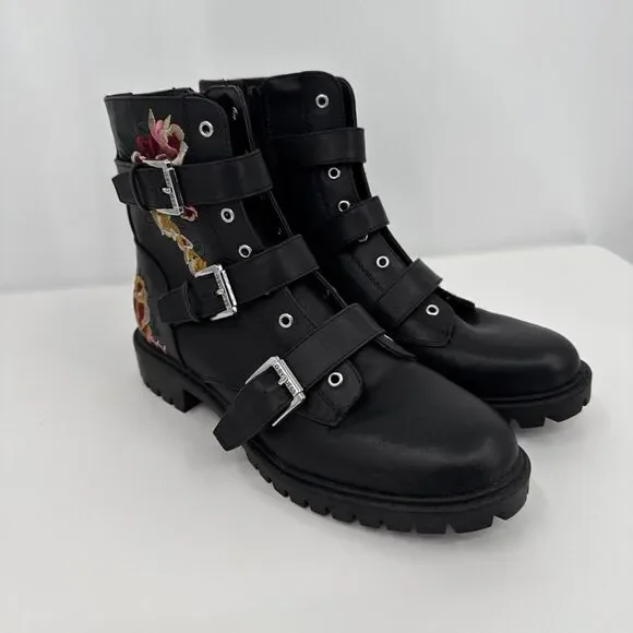 G By Guess Womens Ankle Booties Embroidered W Flowers Black Buckle Size 8M - Picture 1 of 9